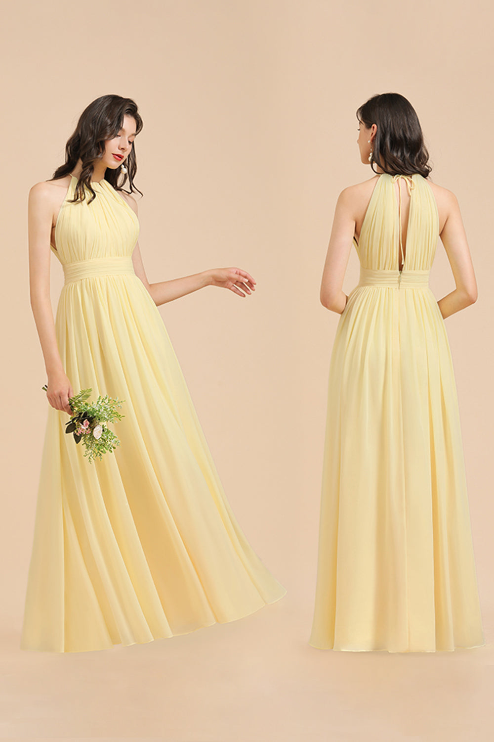 Halter Sleeveless Daffodil Chiffon Bridesmaid Dresses with Ruffles