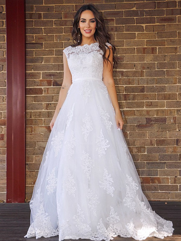 A-Line/Princess Lace Sleeveless Scoop Sweep/Brush Train Wedding Dresses