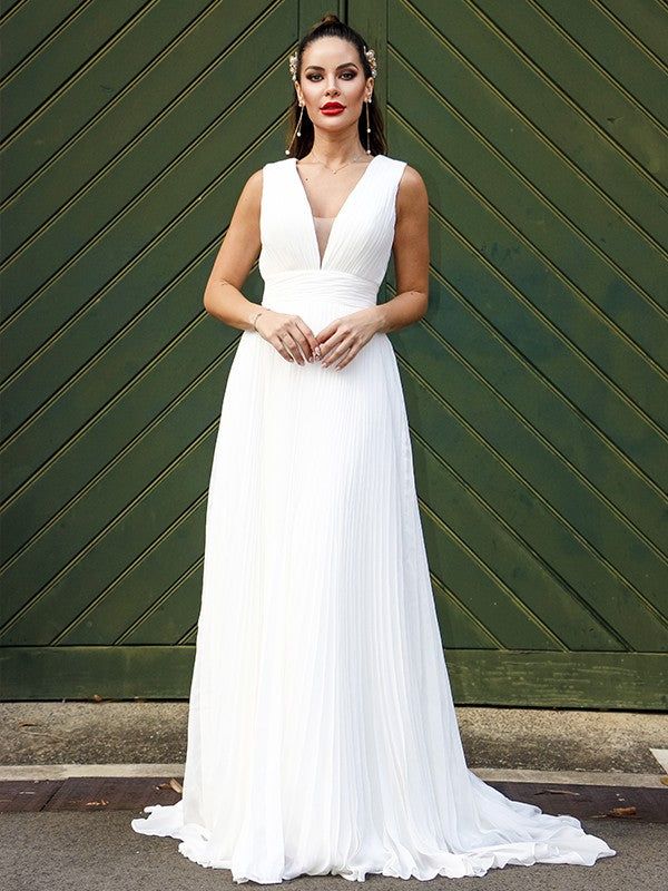 A-Line/Princess Chiffon Ruffles V-neck Sleeveless Sweep/Brush Train Wedding Dresses