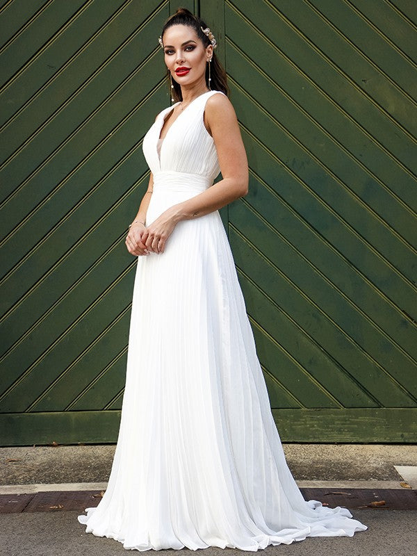 A-Line/Princess Chiffon Ruffles V-neck Sleeveless Sweep/Brush Train Wedding Dresses