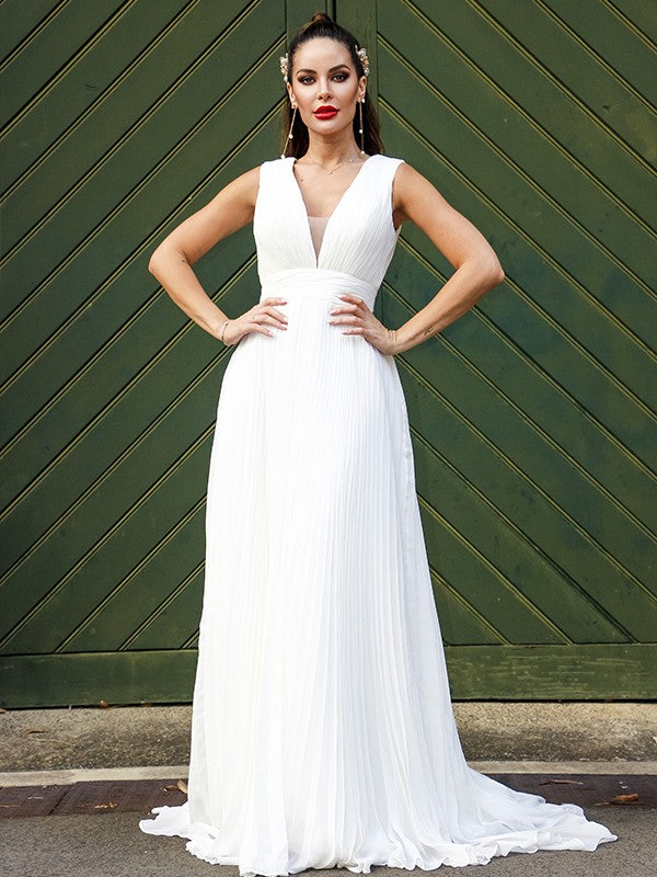 A-Line/Princess Chiffon Ruffles V-neck Sleeveless Sweep/Brush Train Wedding Dresses