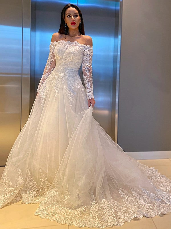 A-Line/Princess Lace Applique Off-the-Shoulder Long Sleeves Sweep/Brush Train Wedding Dresses