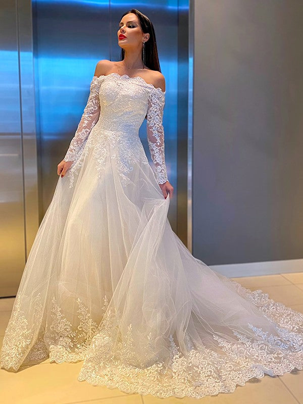 A-Line/Princess Lace Applique Off-the-Shoulder Long Sleeves Sweep/Brush Train Wedding Dresses