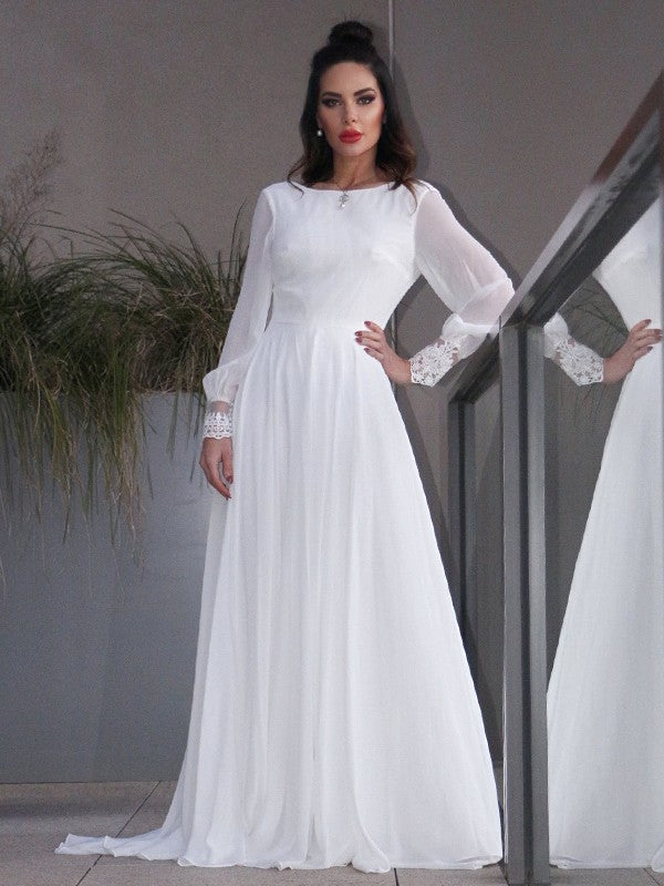 A-Line/Princess Chiffon Ruffles Long Sleeves Scoop Sweep/Brush Train Wedding Dresses