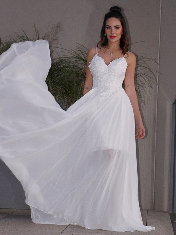 A-Line/Princess Applique Chiffon V-neck Sleeveless Sweep/Brush Train Wedding Dresses