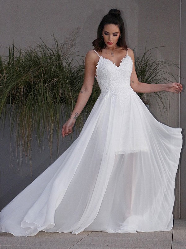 A-Line/Princess Applique Chiffon V-neck Sleeveless Sweep/Brush Train Wedding Dresses