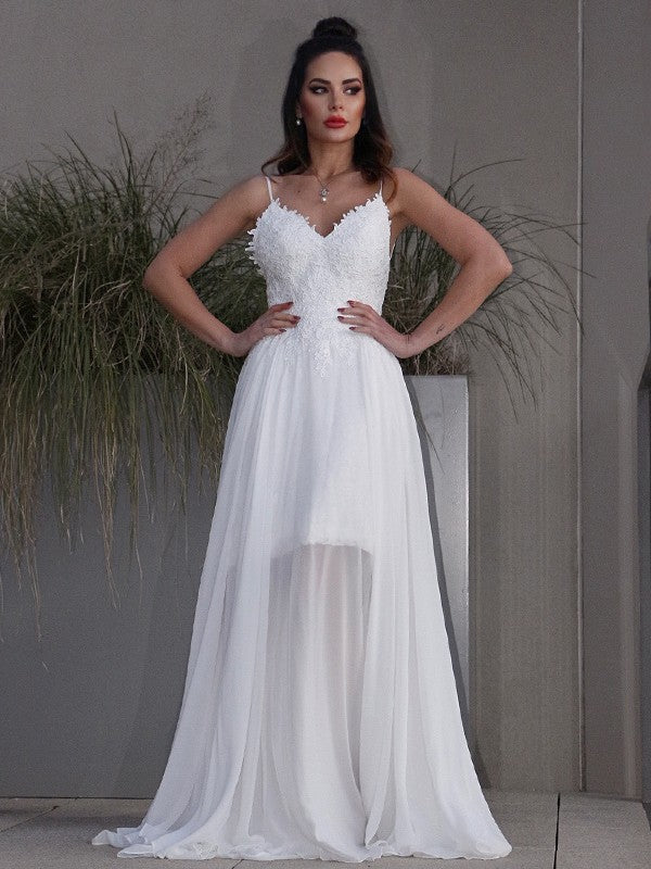 A-Line/Princess Applique Chiffon V-neck Sleeveless Sweep/Brush Train Wedding Dresses