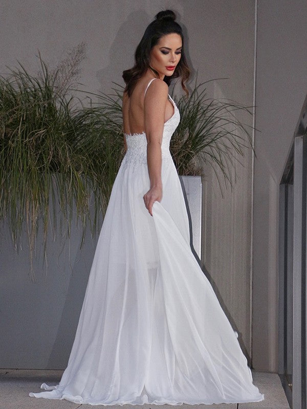 A-Line/Princess Applique Chiffon V-neck Sleeveless Sweep/Brush Train Wedding Dresses