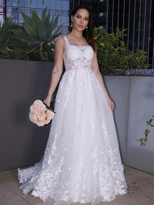 A-Line/Princess Lace Applique Square Sleeveless Sweep/Brush Train Wedding Dresses