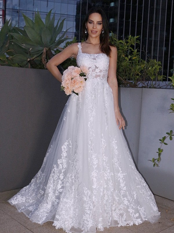 A-Line/Princess Lace Applique Square Sleeveless Sweep/Brush Train Wedding Dresses