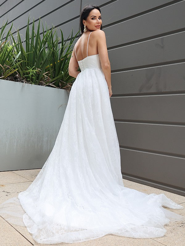 A-Line/Princess Lace Ruched V-neck Sleeveless Sweep/Brush Train Wedding Dresses