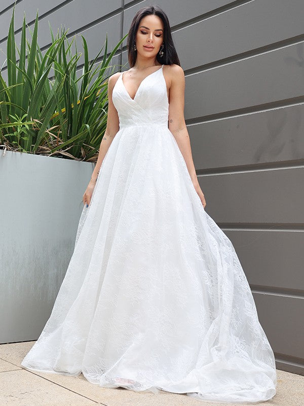 A-Line/Princess Lace Ruched V-neck Sleeveless Sweep/Brush Train Wedding Dresses