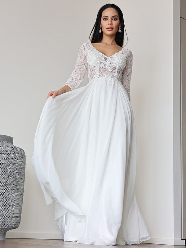 A-Line/Princess Chiffon Lace V-neck 3/4 Sleeves Floor-Length Wedding Dresses