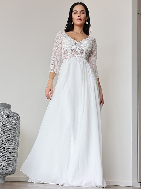 A-Line/Princess Chiffon Lace V-neck 3/4 Sleeves Floor-Length Wedding Dresses