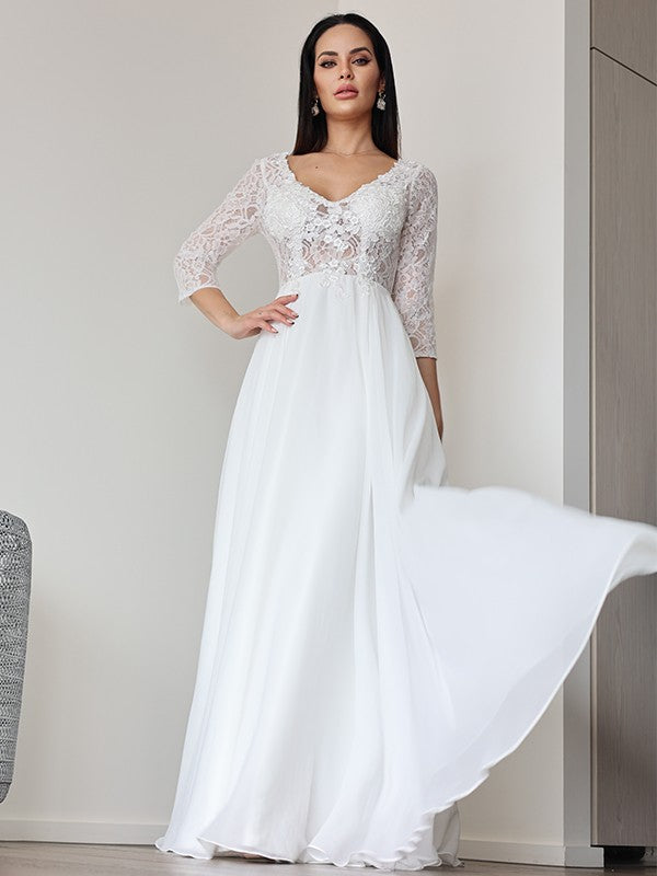 A-Line/Princess Chiffon Lace V-neck 3/4 Sleeves Floor-Length Wedding Dresses