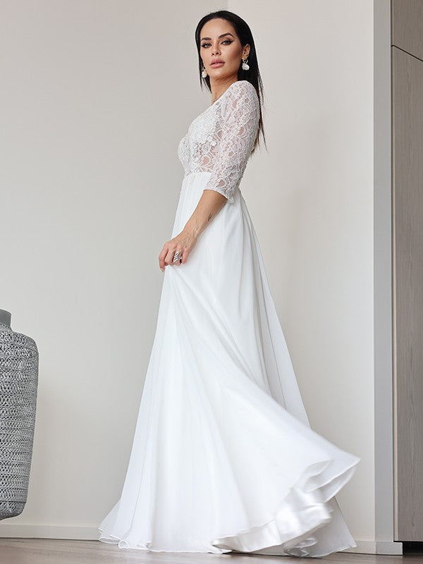 A-Line/Princess Chiffon Lace V-neck 3/4 Sleeves Floor-Length Wedding Dresses