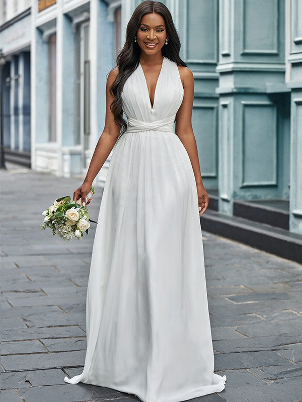 A-Line/Princess Chiffon Halter Ruched Sleeveless Floor-Length Wedding Dresses