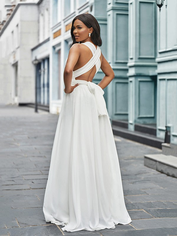 A-Line/Princess Chiffon Halter Ruched Sleeveless Floor-Length Wedding Dresses