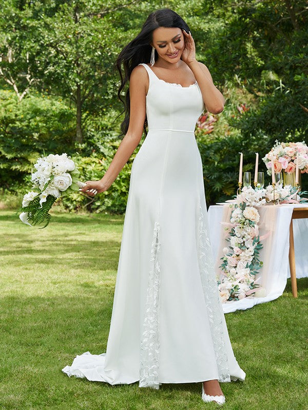 A-Line/Princess Lace Ruffles Straps Sleeveless Sweep/Brush Train Wedding Dresses