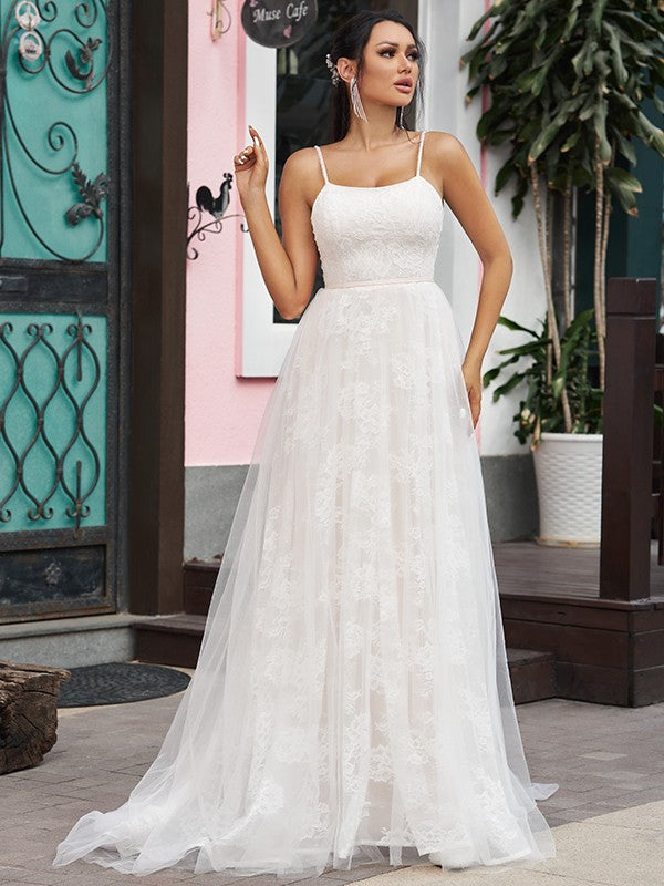 A-Line/Princess Lace Ruffles Spaghetti Straps Sleeveless Sweep/Brush Train Wedding Dresses