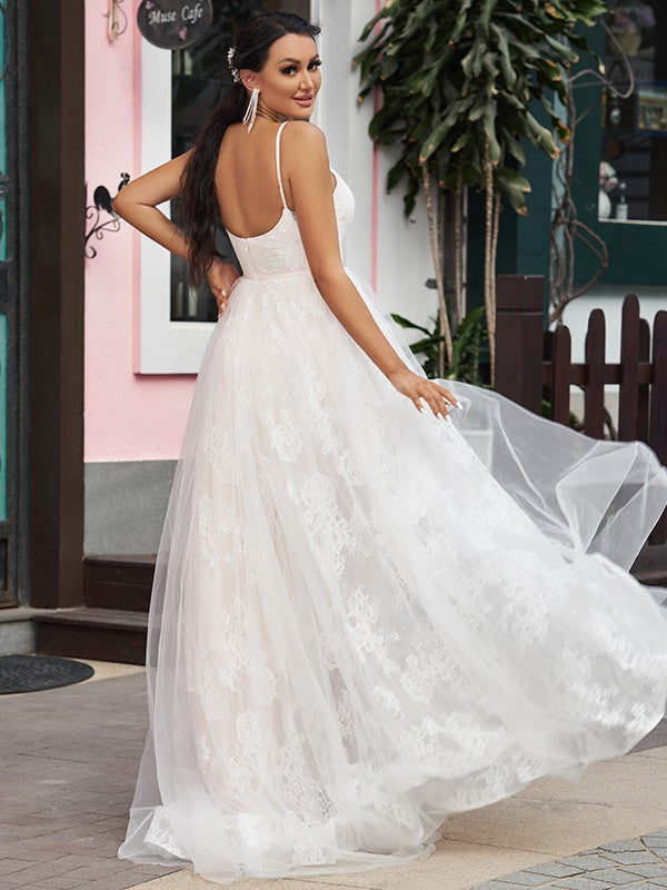 A-Line/Princess Lace Ruffles Spaghetti Straps Sleeveless Sweep/Brush Train Wedding Dresses