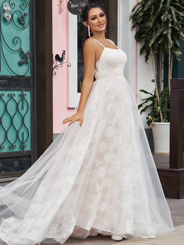 A-Line/Princess Lace Ruffles Spaghetti Straps Sleeveless Sweep/Brush Train Wedding Dresses