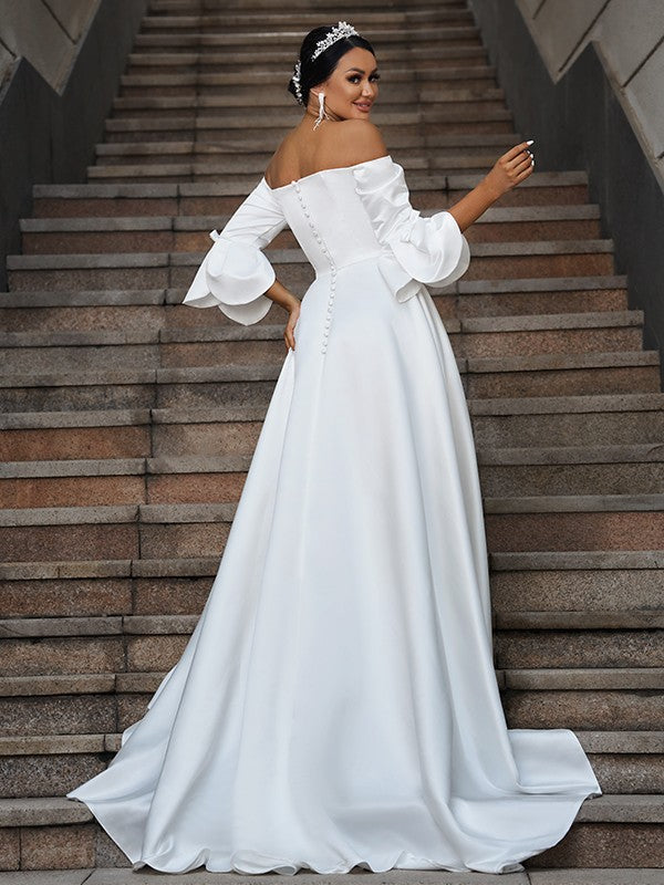 A-Line/Princess Charmeuse Ruffles Off-the-Shoulder 3/4 Sleeves Sweep/Brush Train Wedding Dresses