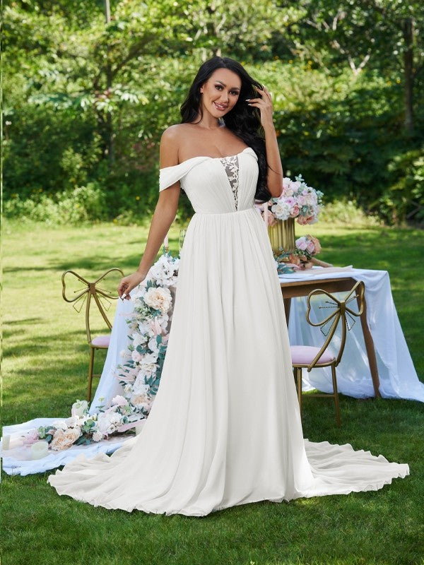 A-Line/Princess Chiffon Ruffles Off-the-Shoulder Sleeveless Sweep/Brush Train Wedding Dresses