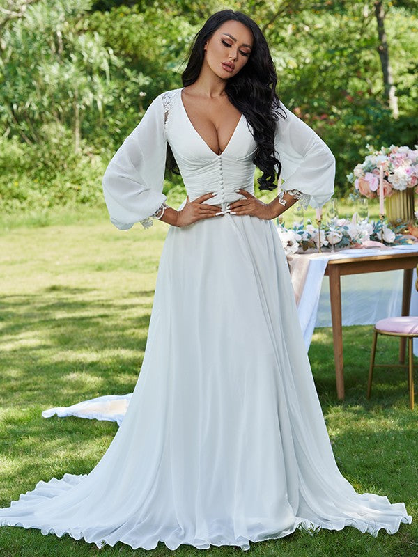 A-Line/Princess Chiffon Ruffles V-neck Long Sleeves Sweep/Brush Train Wedding Dresses