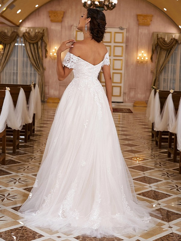 A-Line/Princess Lace Applique Off-the-Shoulder Short Sleeves Sweep/Brush Train Wedding Dresses