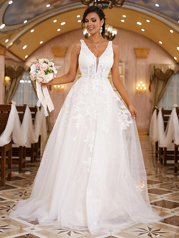 A-Line/Princess Lace Applique V-neck Sleeveless Sweep/Brush Train Wedding Dresses