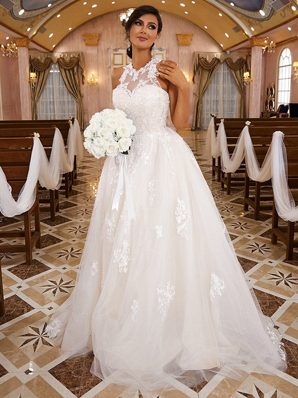 A-Line/Princess Lace Applique Scoop Sleeveless Sweep/Brush Train Wedding Dresses