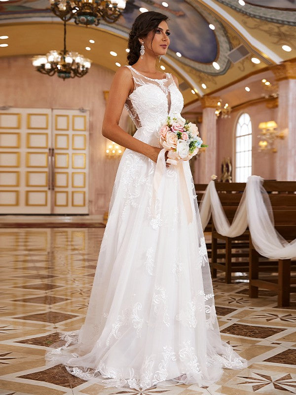 A-Line/Princess Lace Applique Scoop Sleeveless Sweep/Brush Train Wedding Dresses