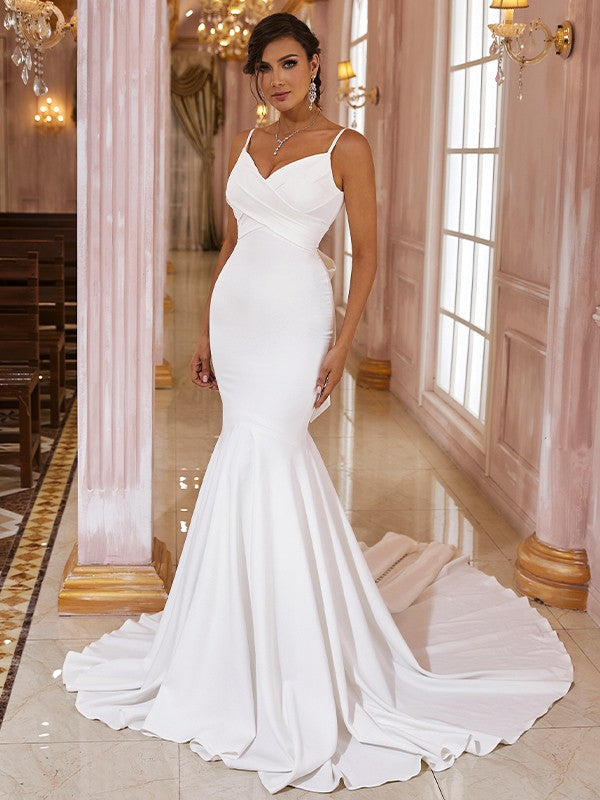 Trumpet/Mermaid Stretch Crepe Ruffles V-neck Sleeveless Sweep/Brush Train Wedding Dresses