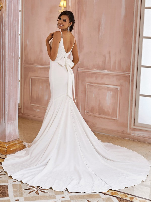 Trumpet/Mermaid Stretch Crepe Ruffles V-neck Sleeveless Sweep/Brush Train Wedding Dresses