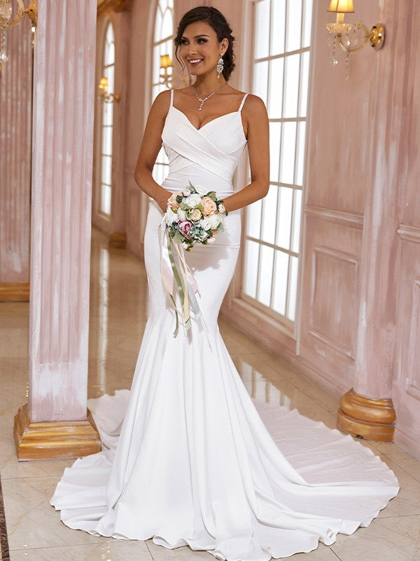 Trumpet/Mermaid Stretch Crepe Ruffles V-neck Sleeveless Sweep/Brush Train Wedding Dresses