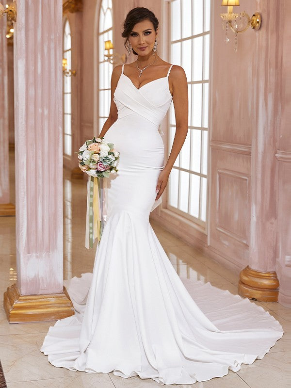 Trumpet/Mermaid Stretch Crepe Ruffles V-neck Sleeveless Sweep/Brush Train Wedding Dresses