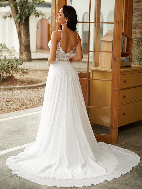 A-Line/Princess Chiffon Lace V-neck Sleeveless Court Train Wedding Dresses