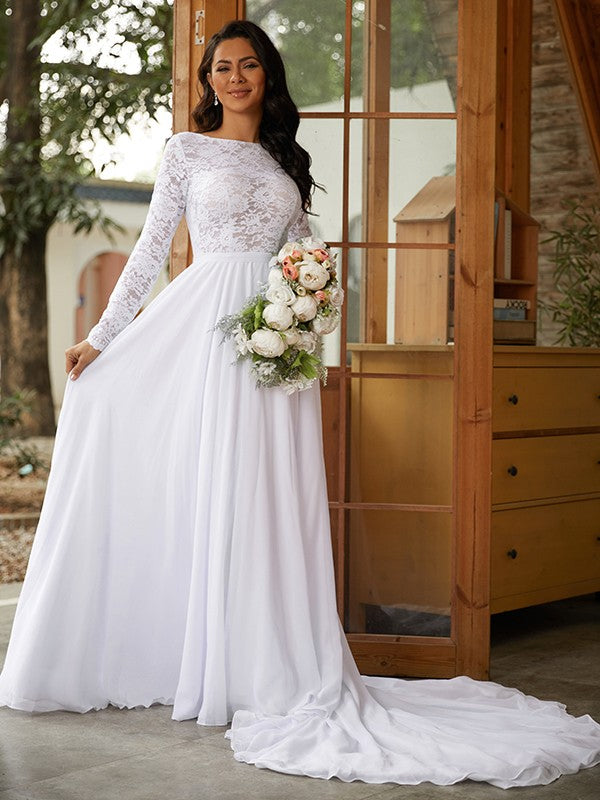 A-Line/Princess Chiffon Lace Scoop Long Sleeves Cathedral Train Wedding Dresses