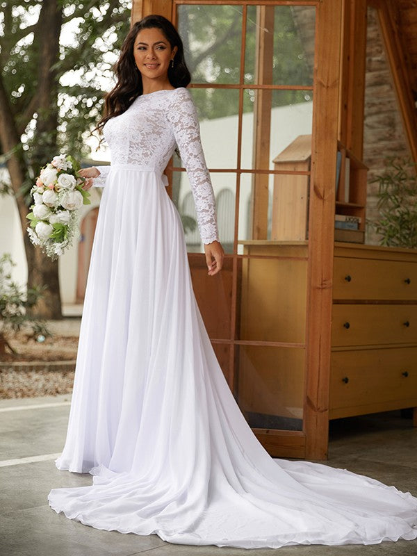 A-Line/Princess Chiffon Lace Scoop Long Sleeves Cathedral Train Wedding Dresses