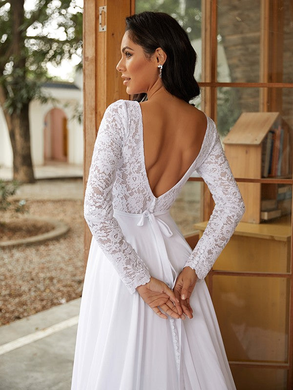 A-Line/Princess Chiffon Lace Scoop Long Sleeves Cathedral Train Wedding Dresses