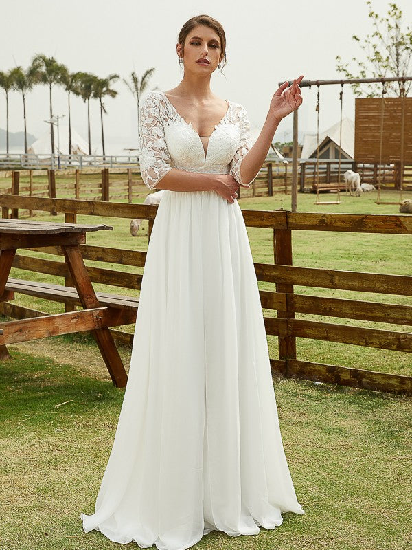 A-Line/Princess Chiffon Lace V-neck 1/2 Sleeves Floor-Length Wedding Dresses