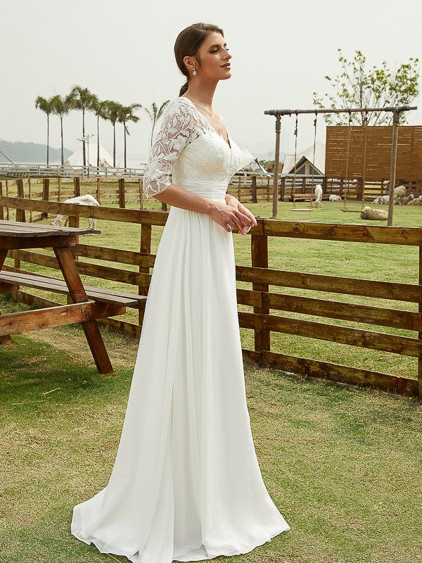 A-Line/Princess Chiffon Lace V-neck 1/2 Sleeves Floor-Length Wedding Dresses