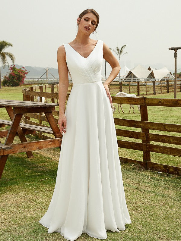 A-Line/Princess Chiffon Ruched V-neck Sleeveless Floor-Length Wedding Dresses