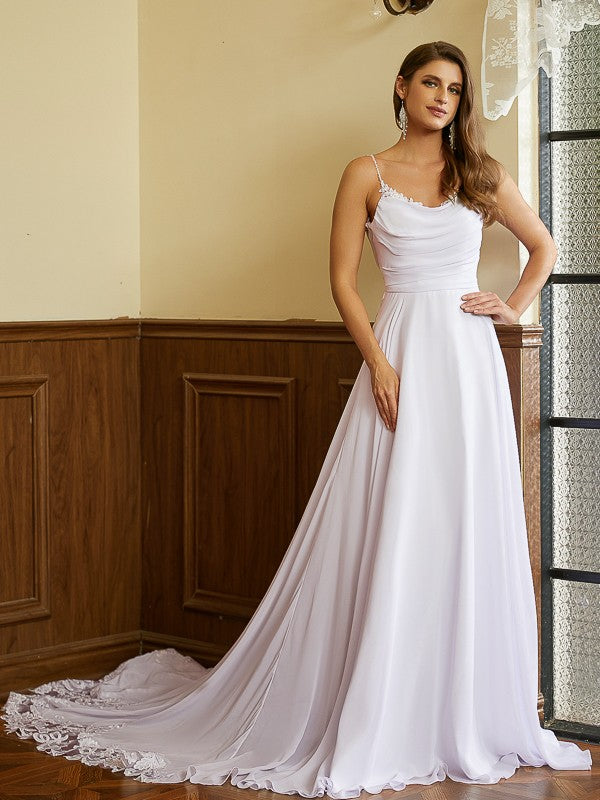 A-Line/Princess Chiffon Lace Spaghetti Straps Sleeveless Chapel Train Wedding Dresses