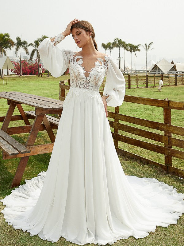 A-Line/Princess Chiffon Applique Scoop Long Sleeves Chapel Train Wedding Dresses