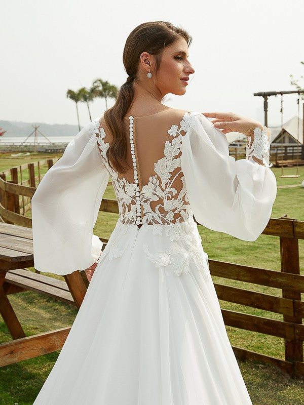 A-Line/Princess Chiffon Applique Scoop Long Sleeves Chapel Train Wedding Dresses