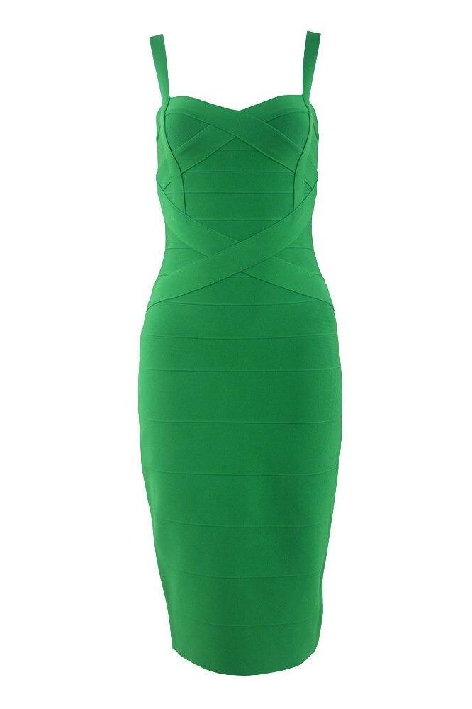 Woman wearing a figure flattering  Heidi Bandage Midi Dress - Emerald Green Bodycon Collection