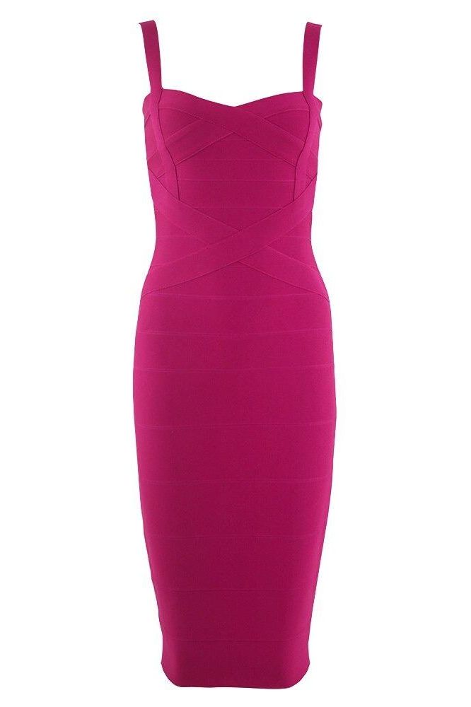 Woman wearing a figure flattering  Heidi Bandage Midi Dress - Magenta Pink Bodycon Collection