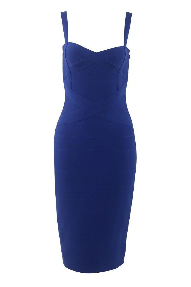 Woman wearing a figure flattering  Heidi Bandage Midi Dress - Navy Blue Bodycon Collection